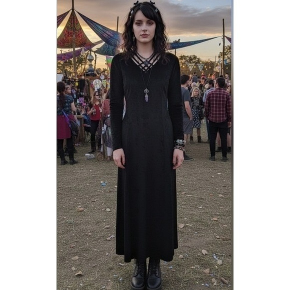 Vintage 90s Crushed Velvet Long Sleeve Midi Maxi Dress Goth Morticia Black 18 XL